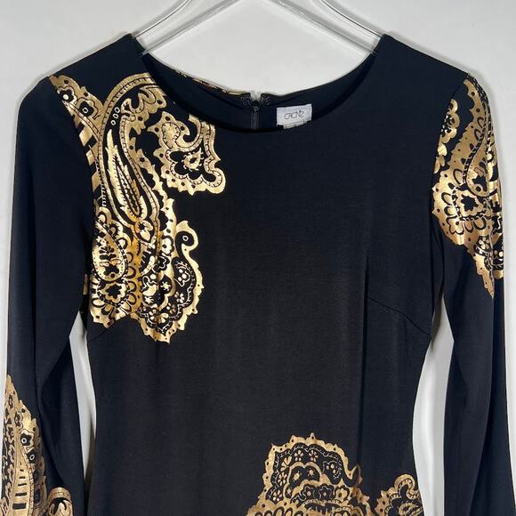 Vintage Cache Women's Metallic Gold Paisley Cocktail Dress 6 Long Sleeve Formal - Picture 2 of 7